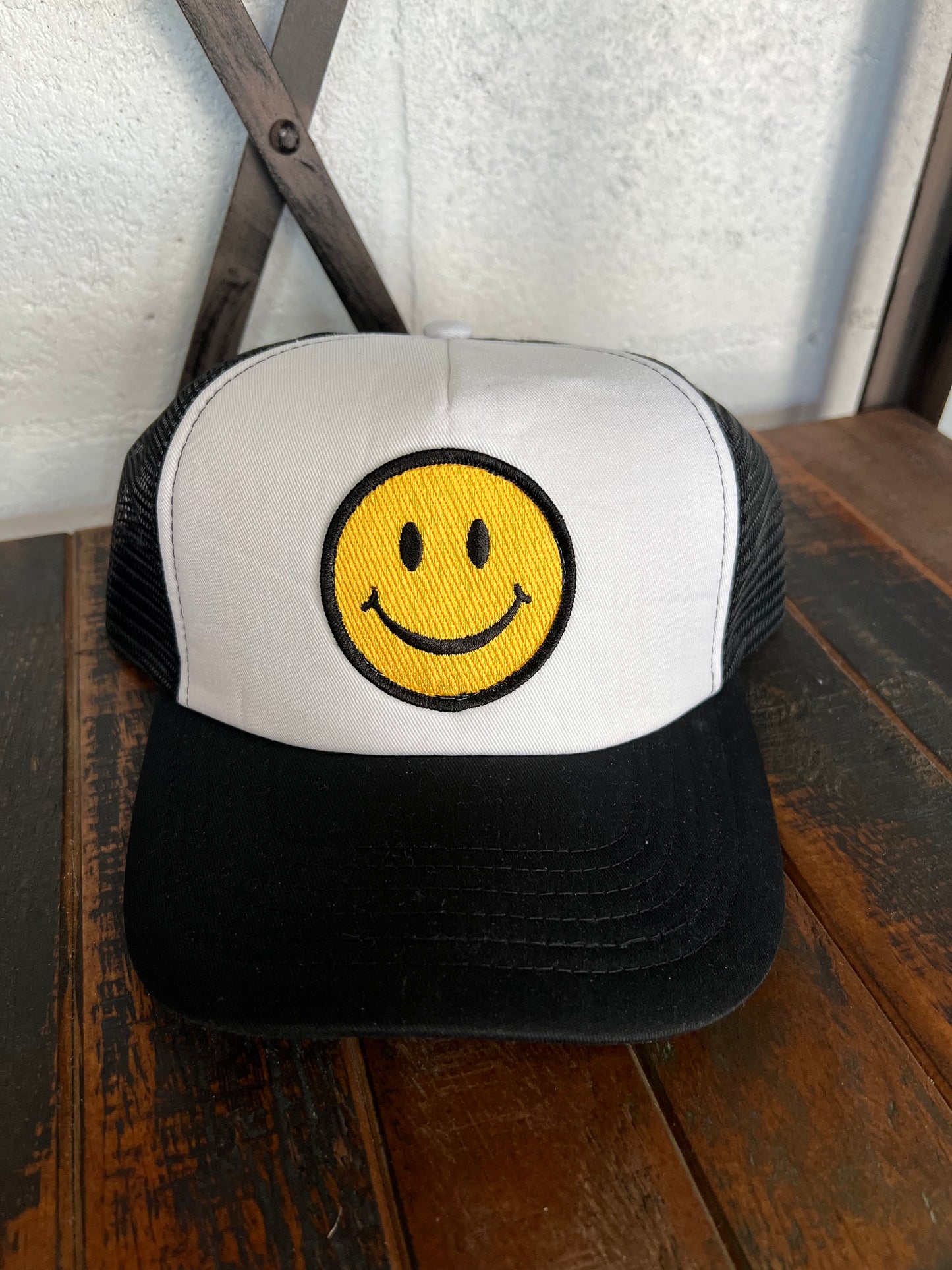 Happy Face Trucker Hat (Black and White)