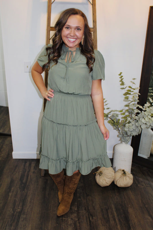 Olive Split Neck Tiered Midi Dress