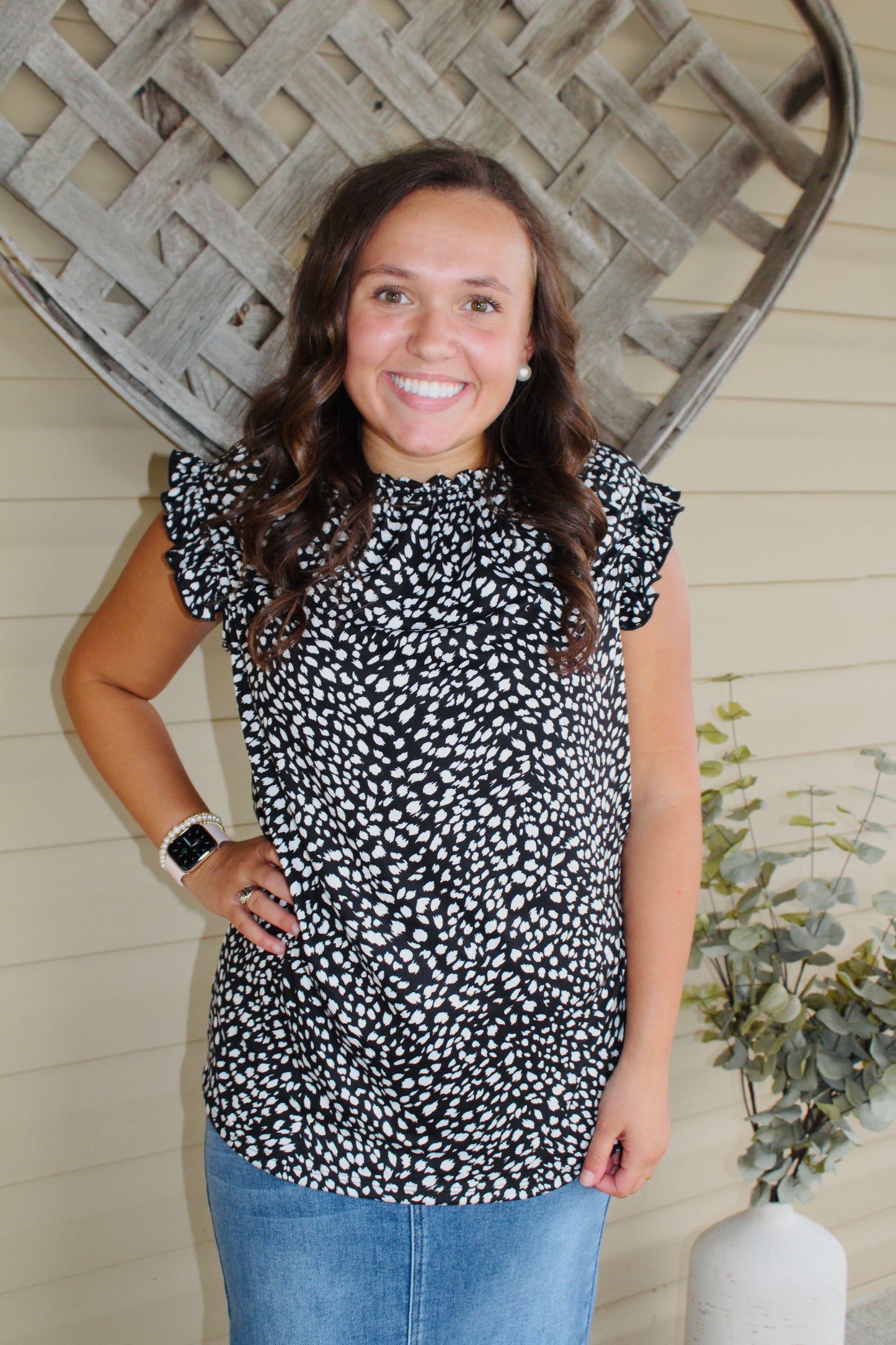 Black Leopard Print Ruffled Top