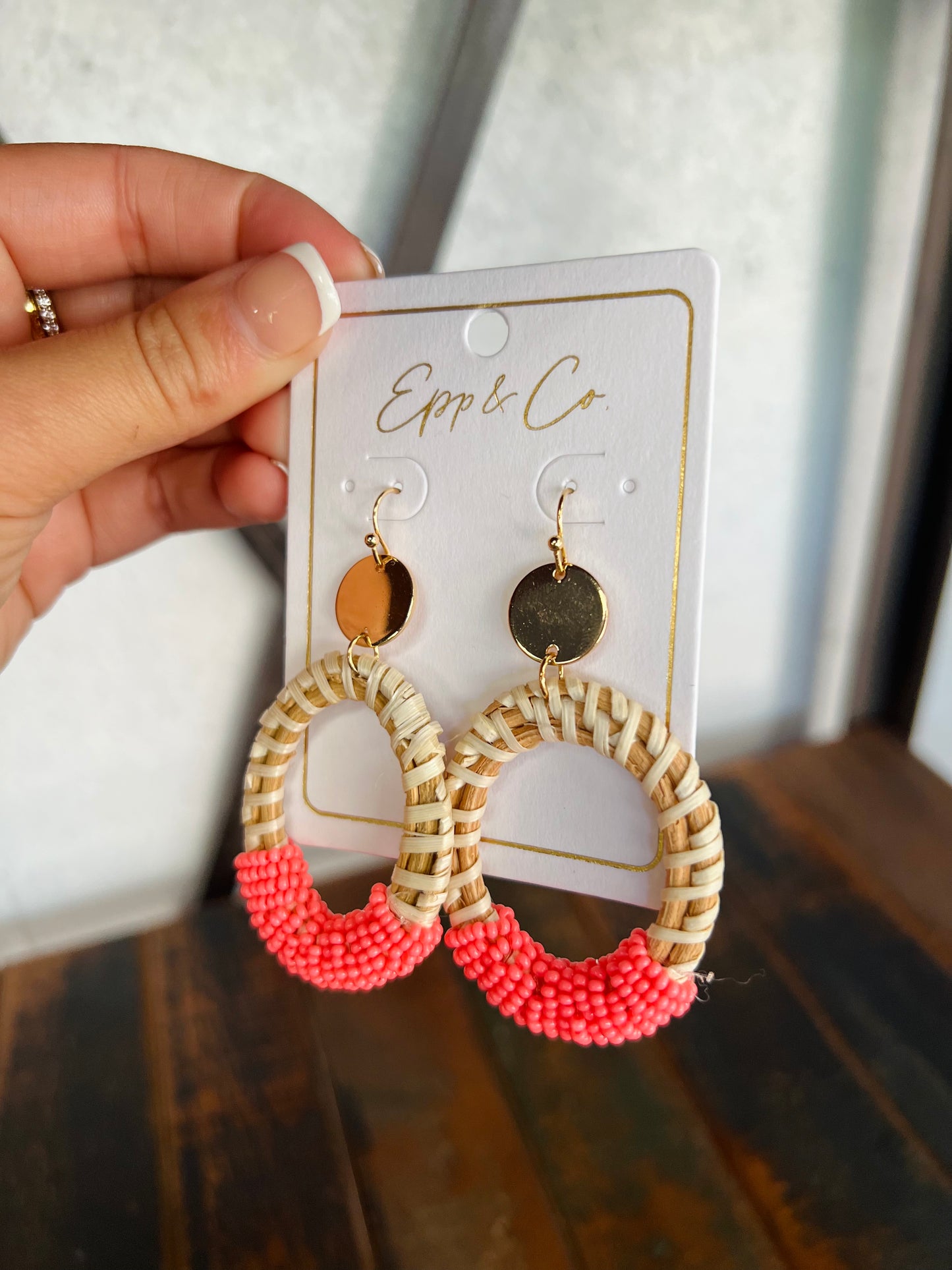 Coral Beaded and Gold Rattan Drops