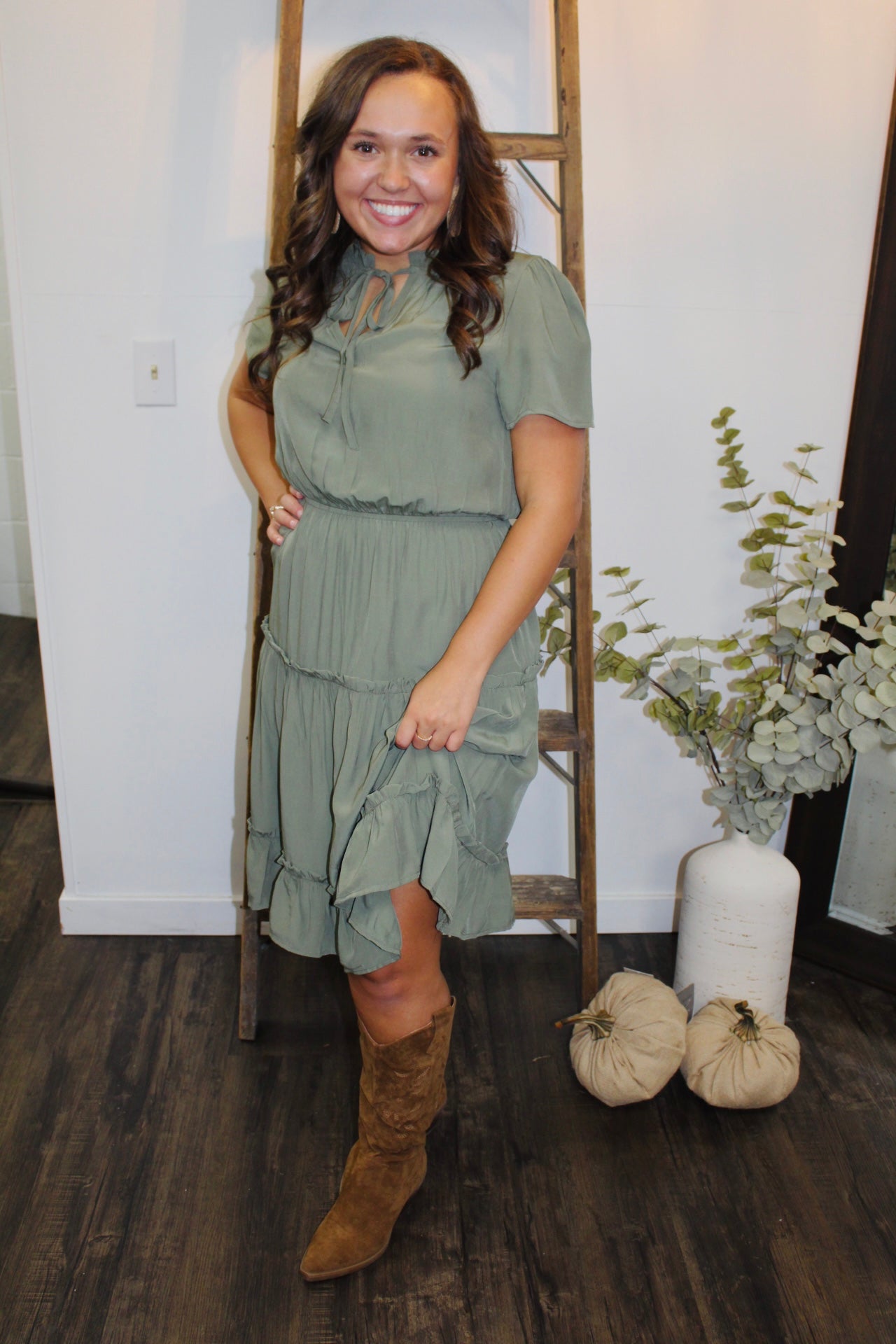 Olive Split Neck Tiered Midi Dress