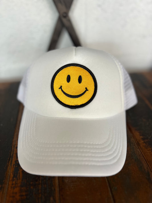 Happy Face Trucker Hat (All White)