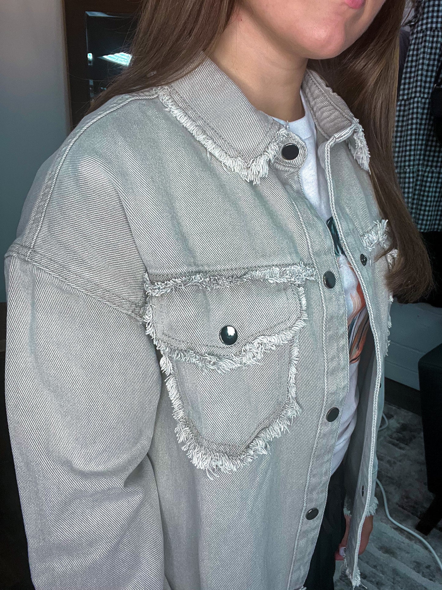 Raw Hem Buttoned Denim Jacket with Pockets