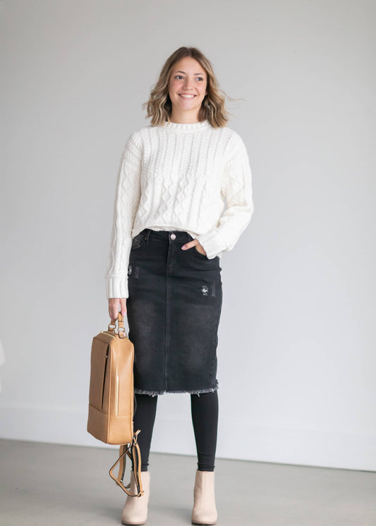 Zoey Frayed Hem Black Denim Midi Skirt