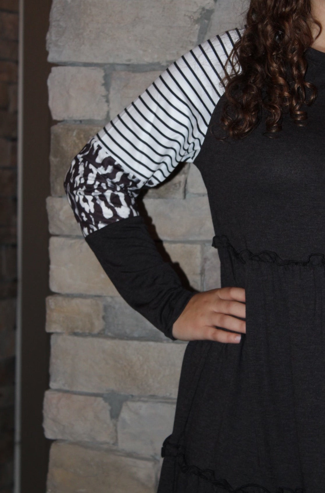 Striped Leopard Long Sleeve Black Swing Dress