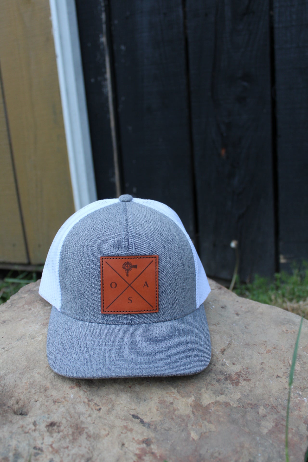 Cross Leather Patch Trucker Hat