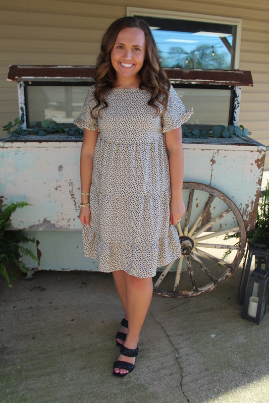 Beige and Black Floral Tiered Dress