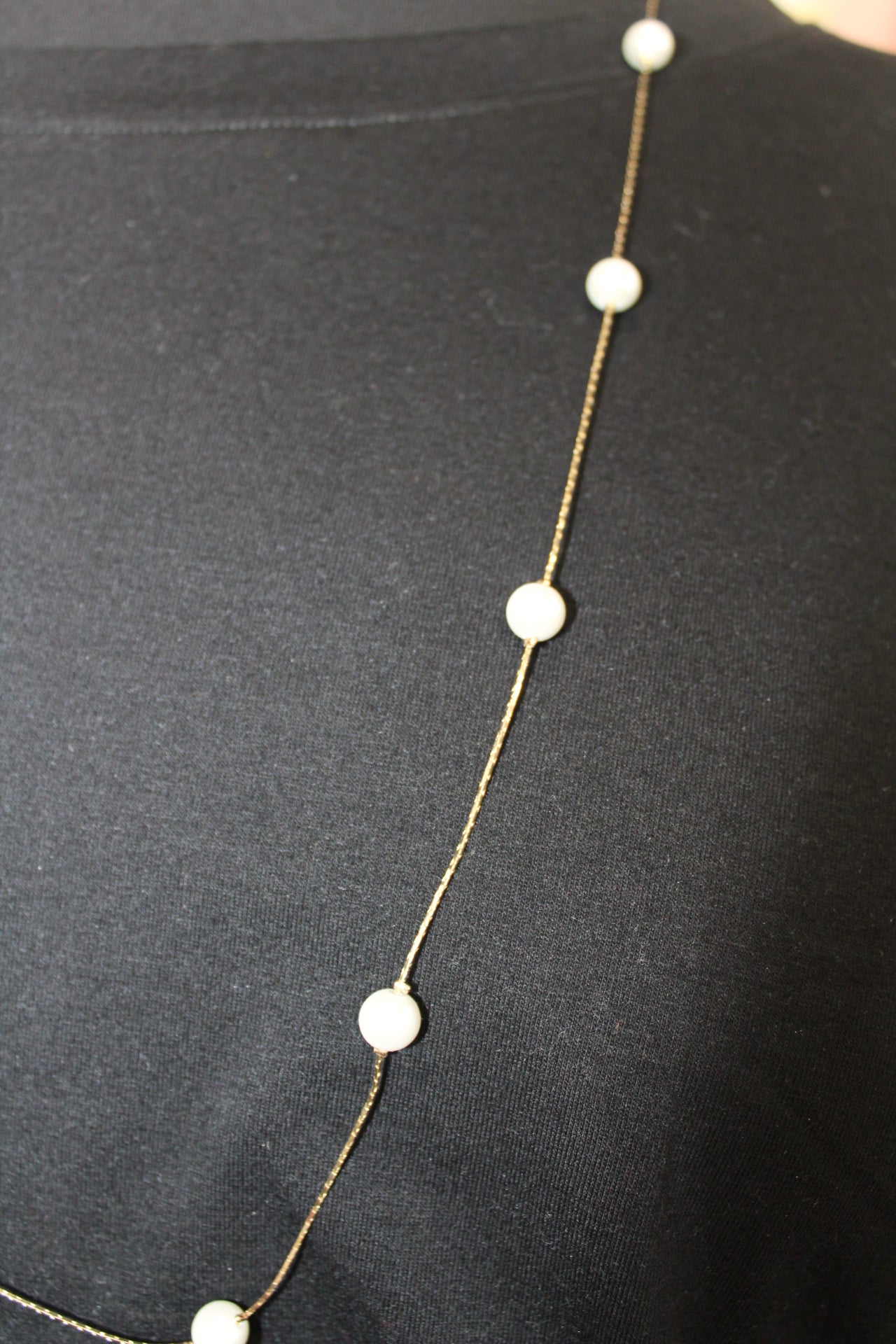 Gold Long Pearl Station Necklace