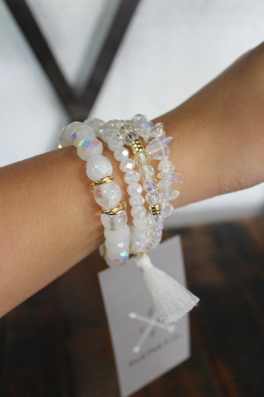 White Tassel Stretch Beaded Bracelet Stack